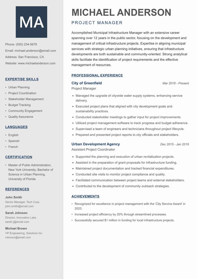 Municipal Infrastructure Manager resume sample — Project Manager focus