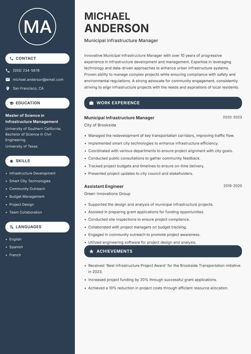 Municipal Infrastructure Manager resume sample — Municipal Infrastructure Manager focus