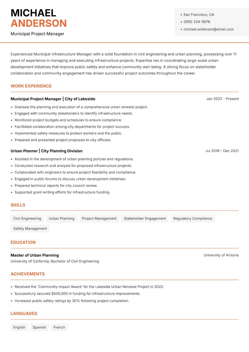 Municipal Infrastructure Manager resume sample — Municipal Project Manager focus
