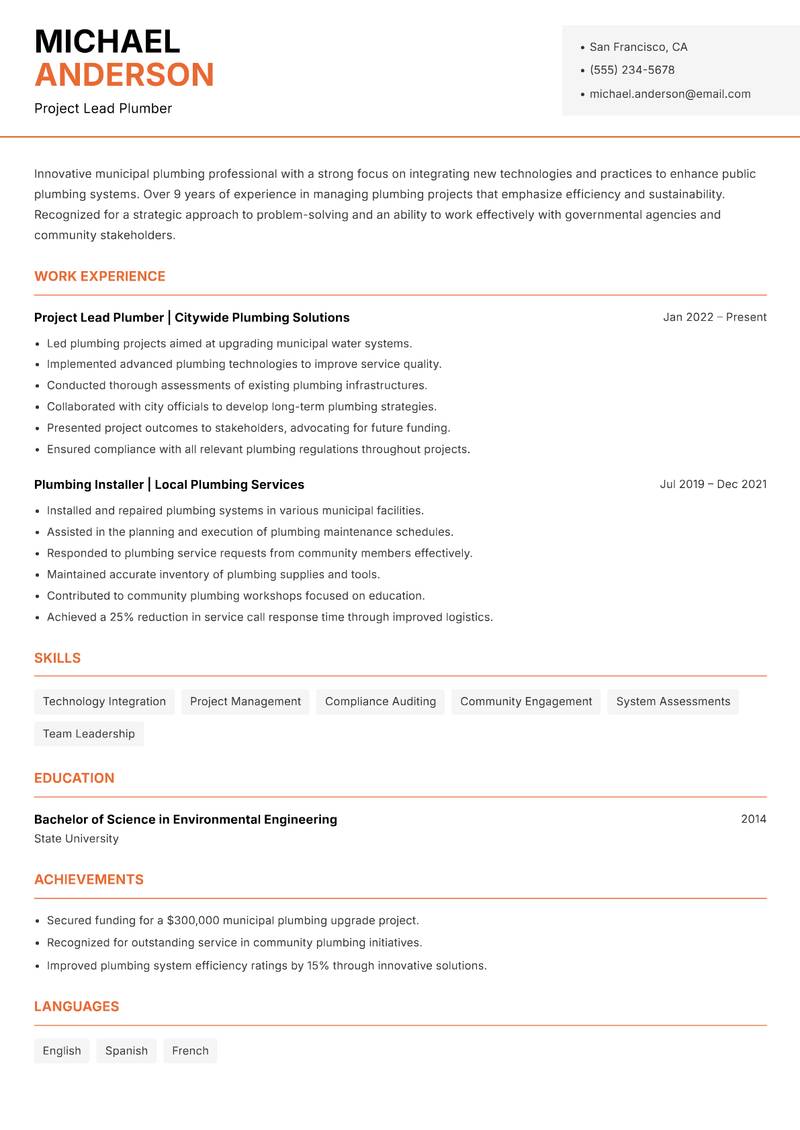 Municipal Plumber resume sample — Project Lead Plumber focus