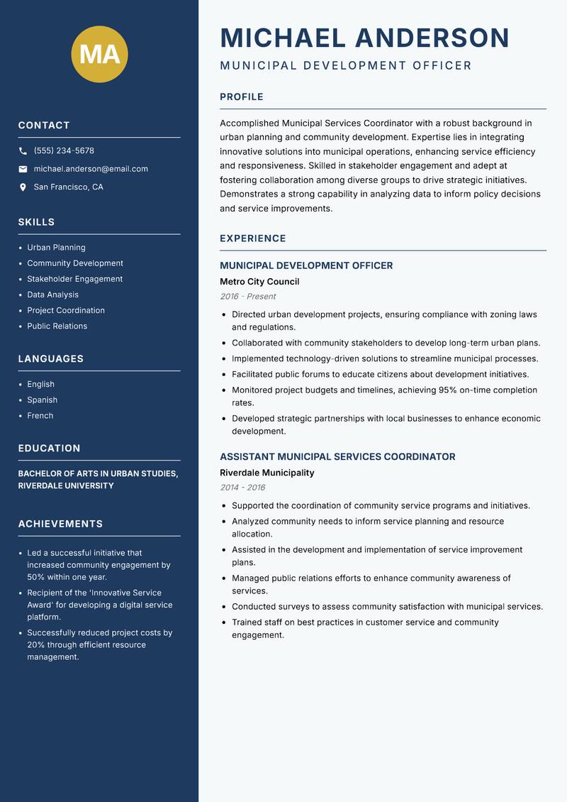 Municipal Services Coordinator resume sample — Municipal Development Officer focus