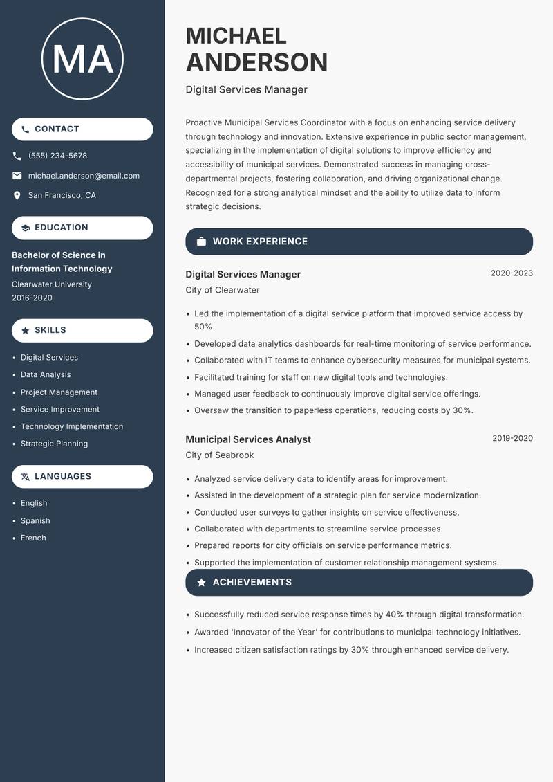 Municipal Services Coordinator resume sample — Digital Services Manager focus