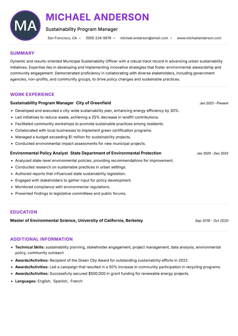Municipal Sustainability Officer resume example