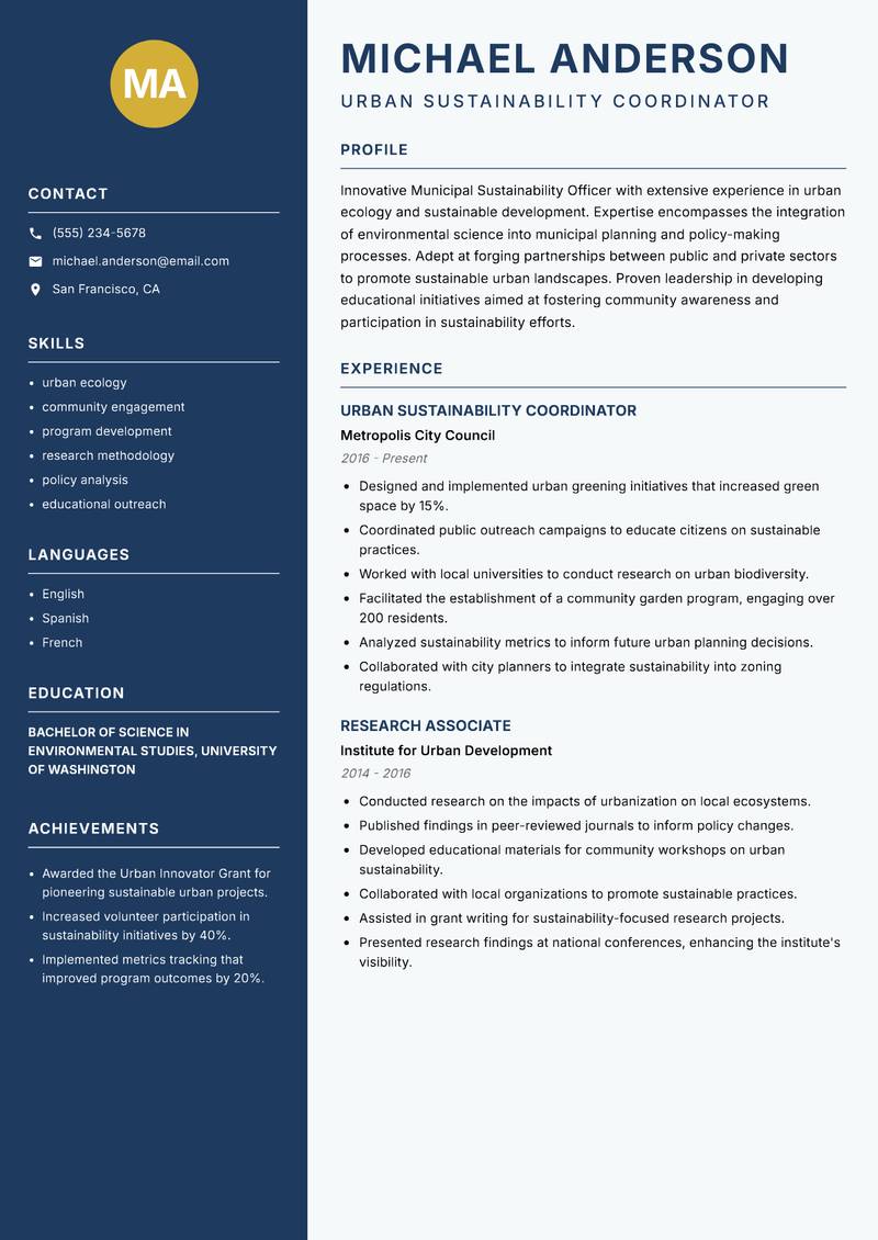 Municipal Sustainability Officer resume sample — Urban Sustainability Coordinator focus