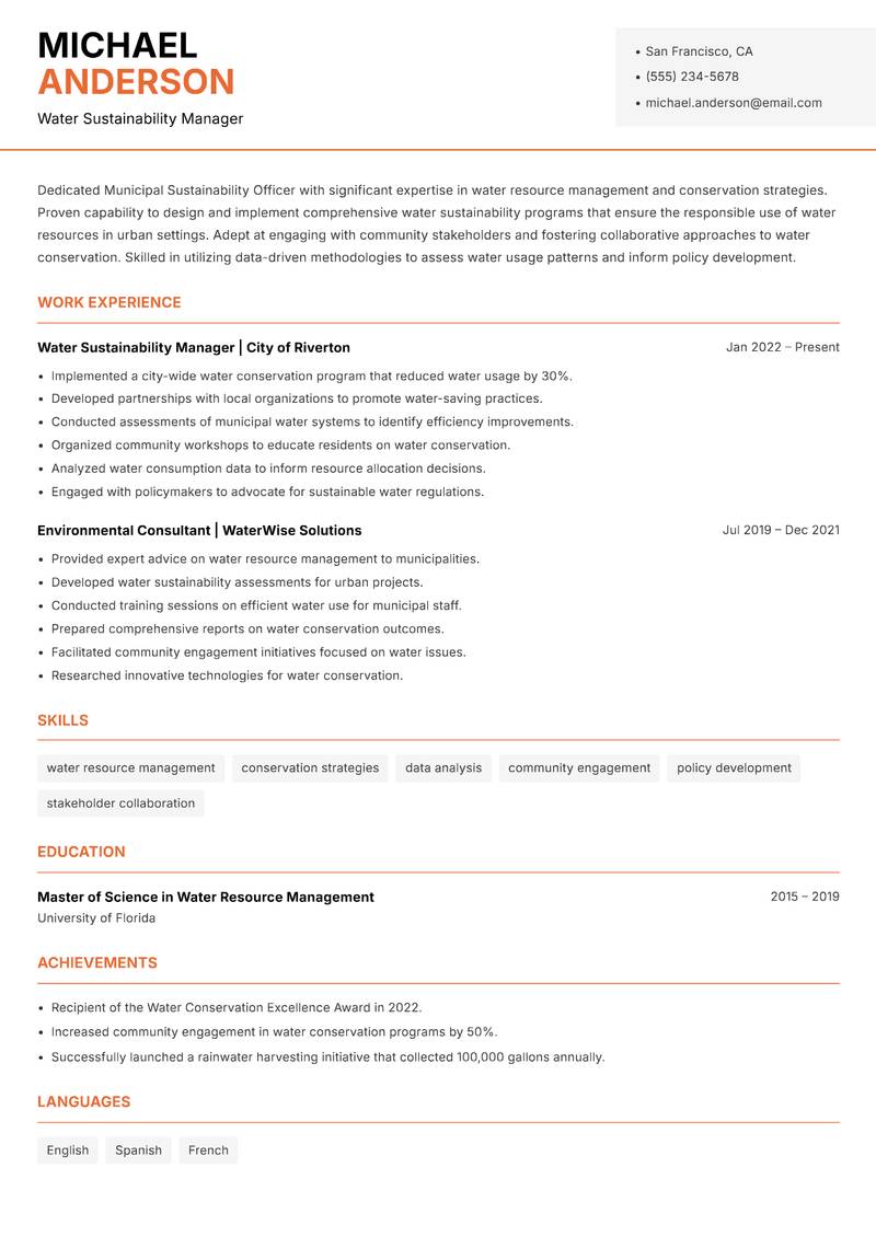 Municipal Sustainability Officer resume sample — Water Sustainability Manager focus