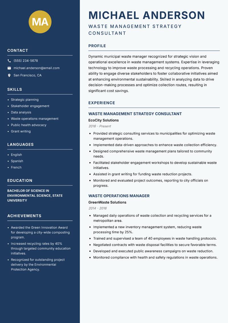 Municipal Waste Manager resume sample — Waste Management Strategy Consultant focus