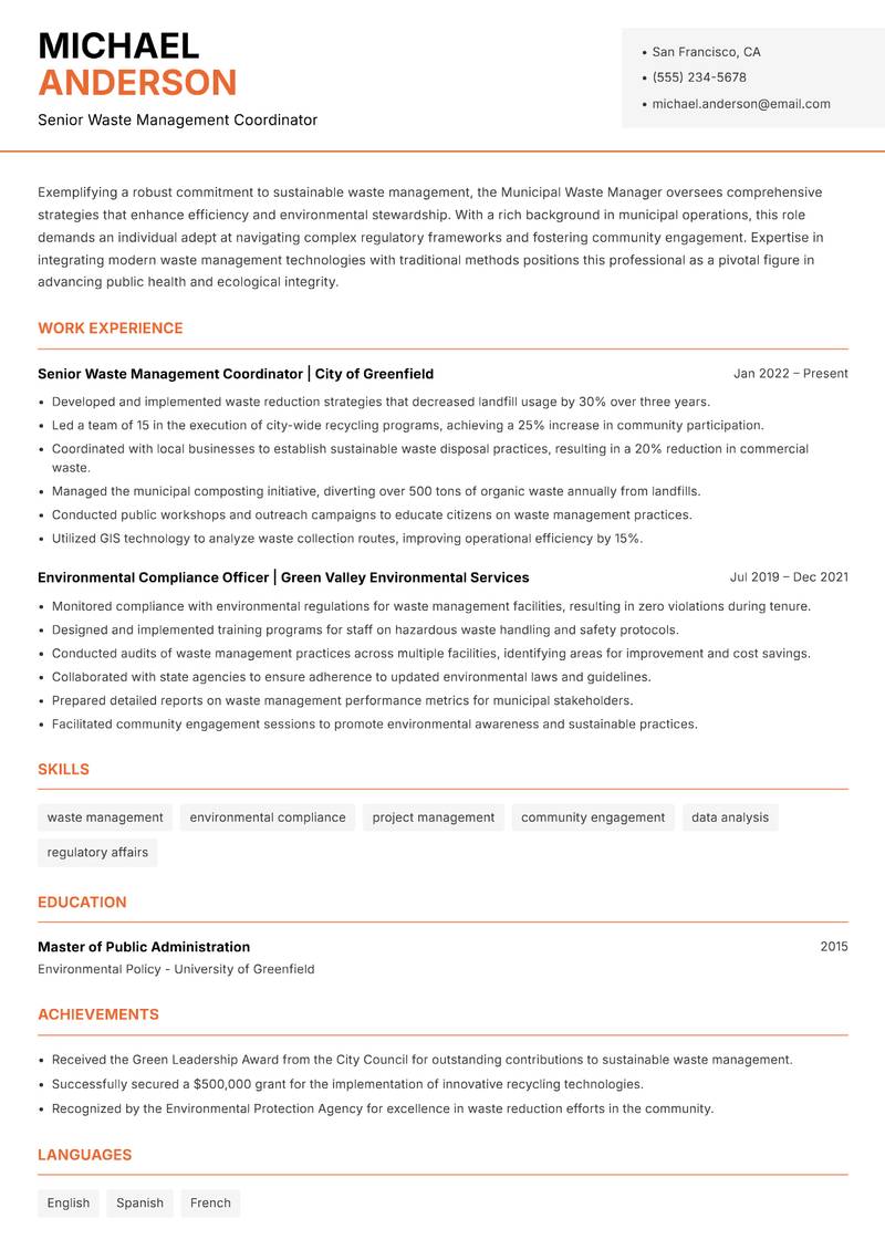 Municipal Waste Manager resume sample — Senior Waste Management Coordinator focus