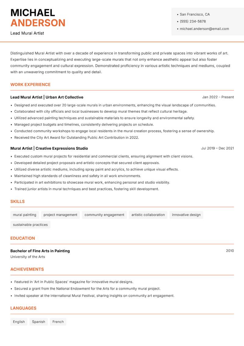 Mural Artist resume sample — Lead Mural Artist focus