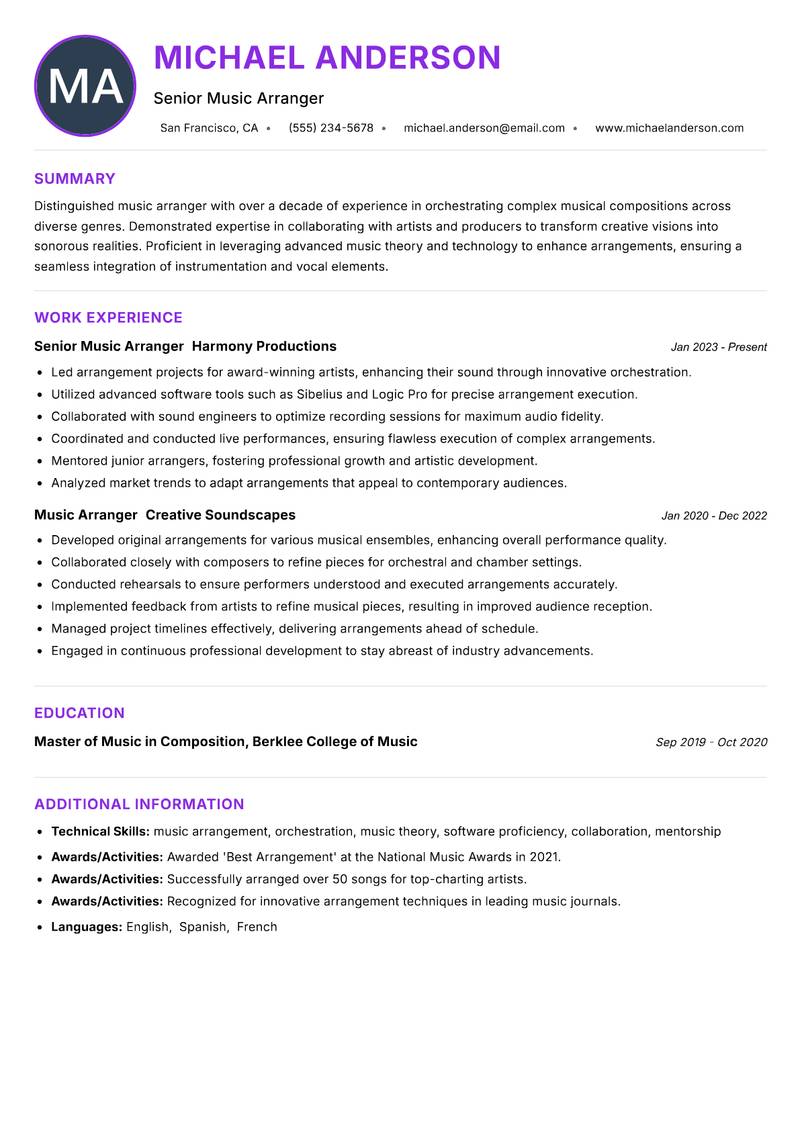 Music Arranger resume example