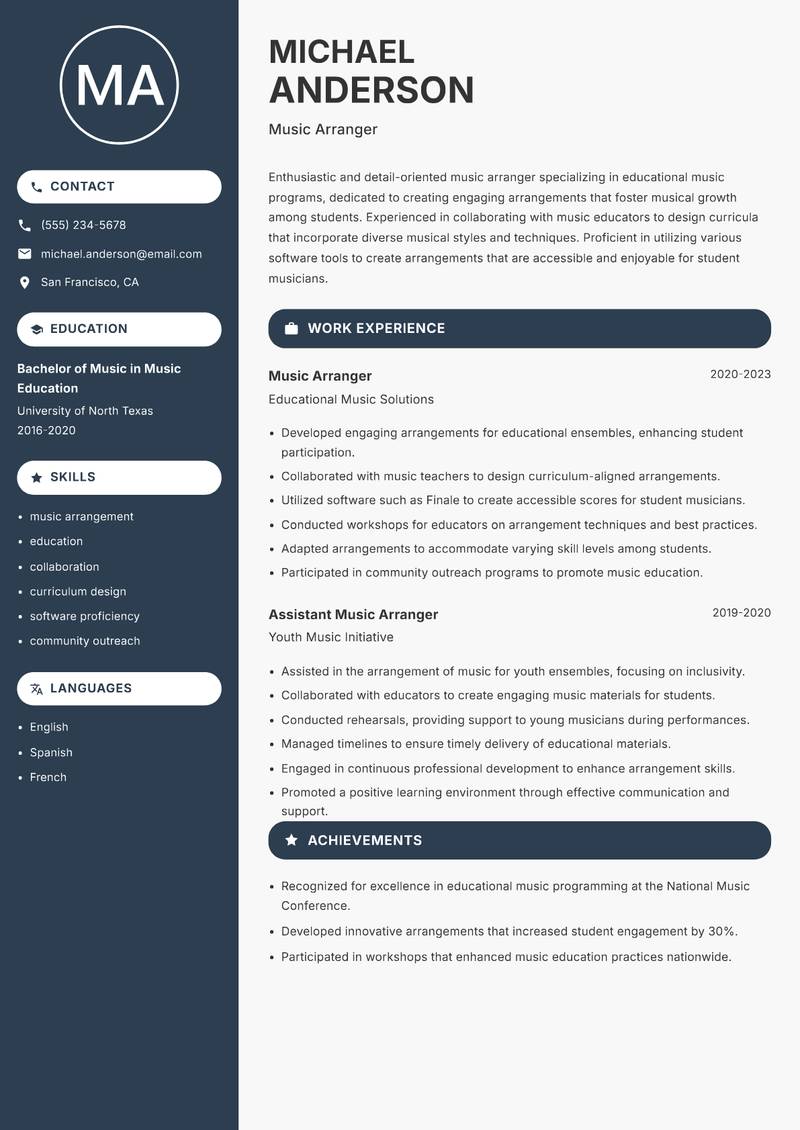 Music Arranger resume sample — Music Arranger focus