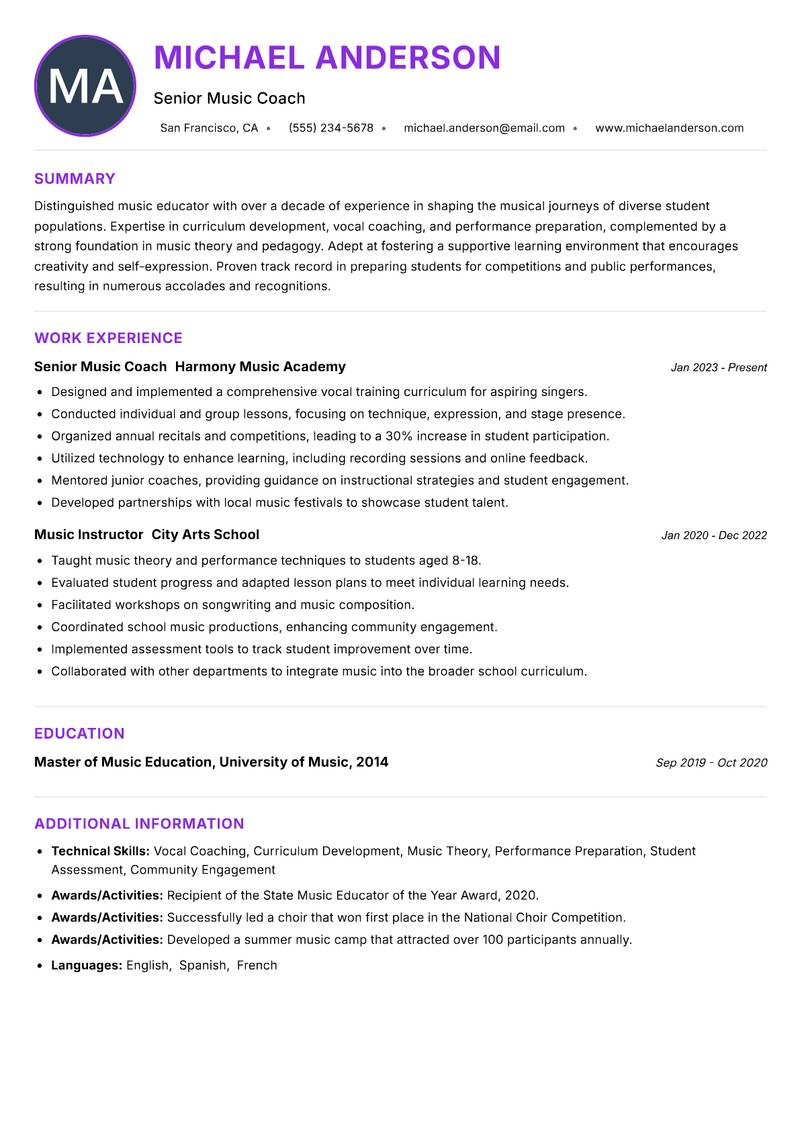 Music Coach resume example