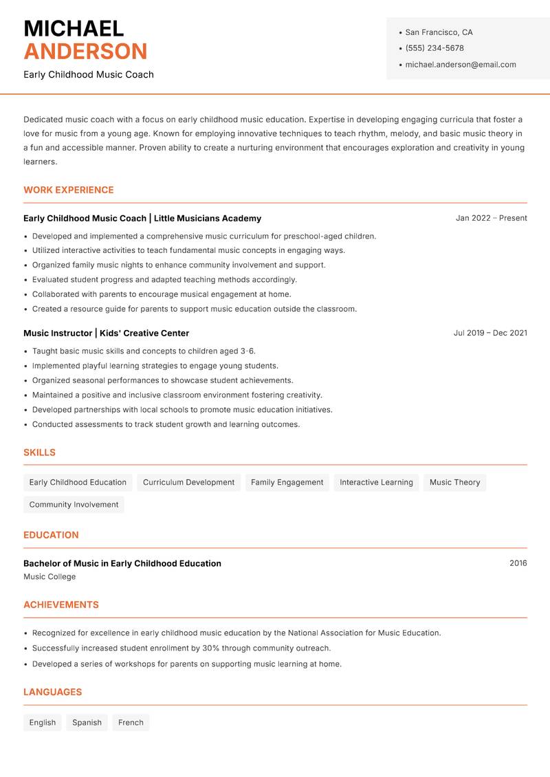 Music Coach resume sample — Early Childhood Music Coach focus