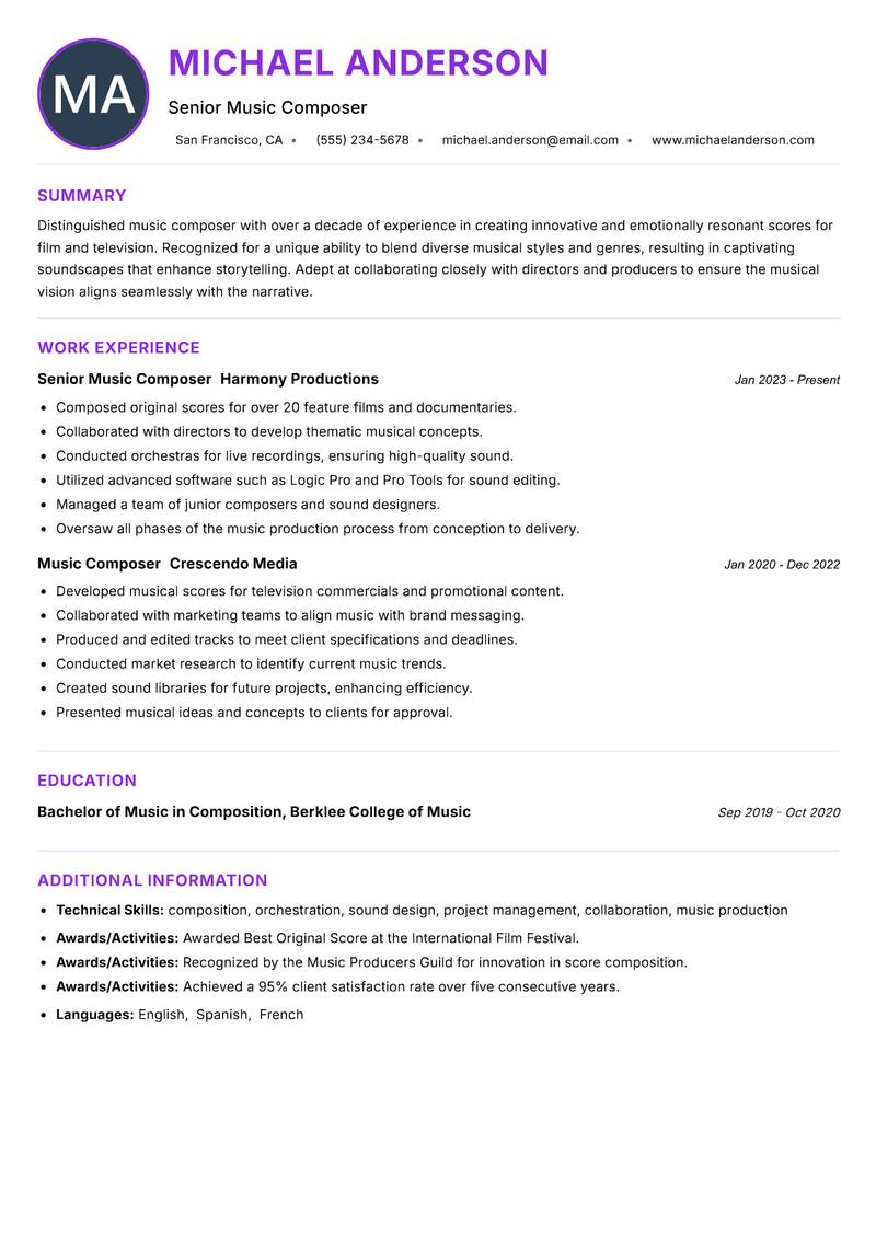 Music Composer resume example