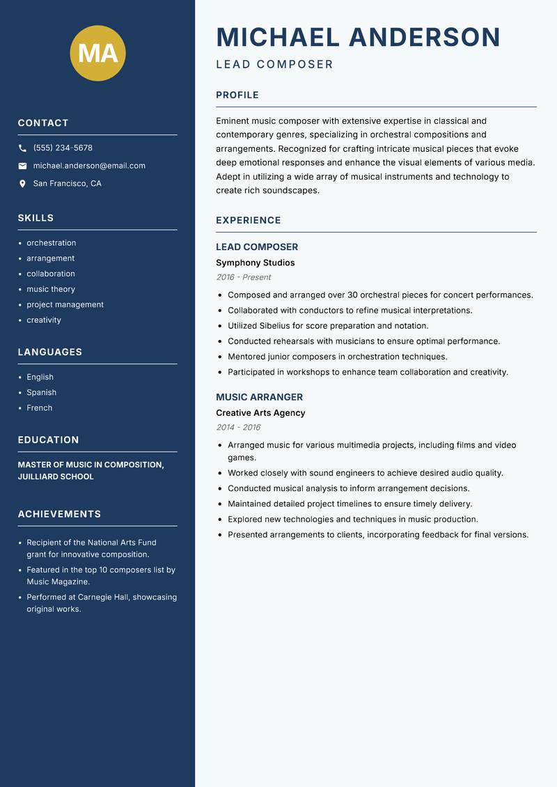Music Composer resume sample — Lead Composer focus