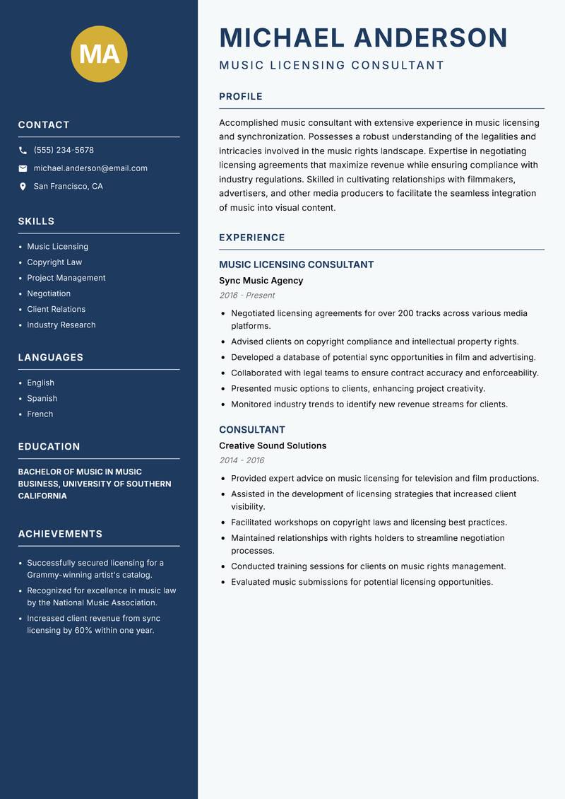 Music Consultant resume sample — Music Licensing Consultant focus