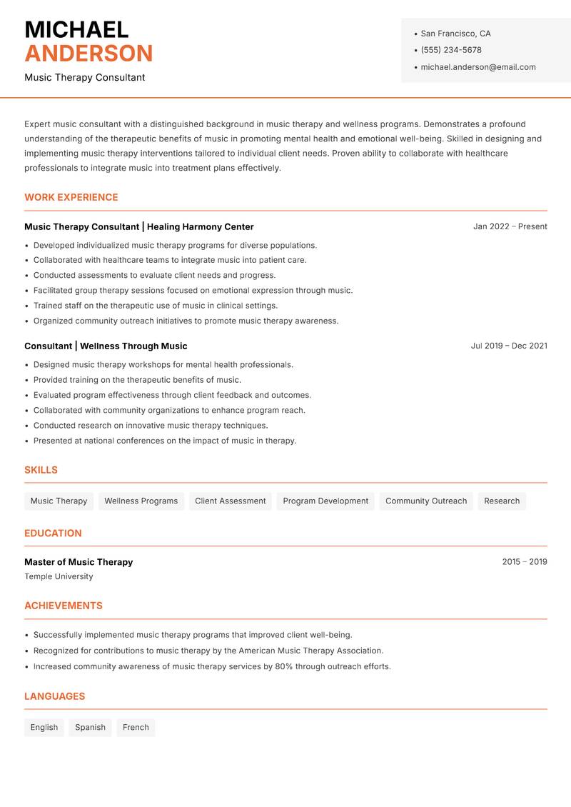 Music Consultant resume sample — Music Therapy Consultant focus