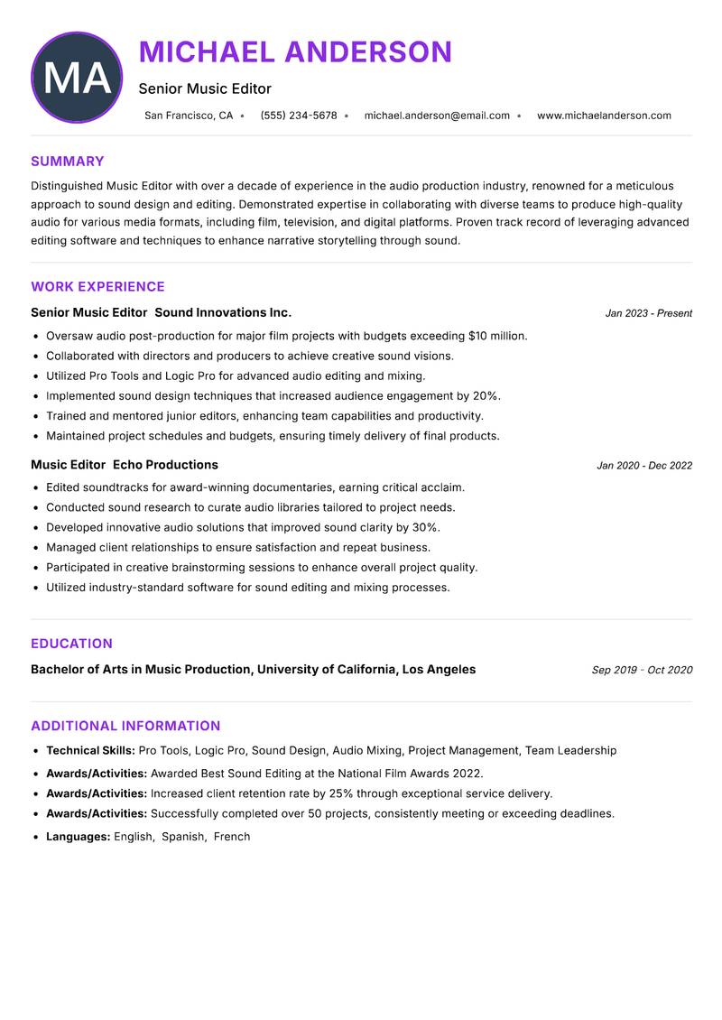 Music Editor resume example