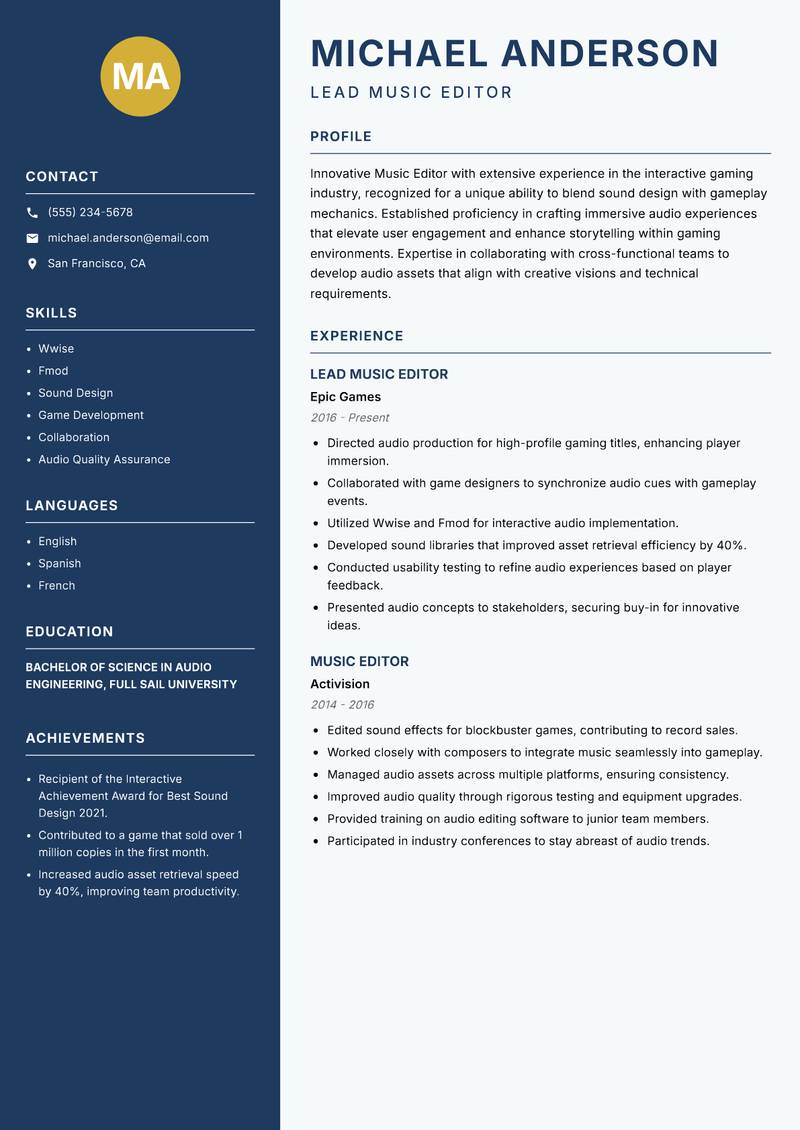 Music Editor resume sample — Lead Music Editor focus