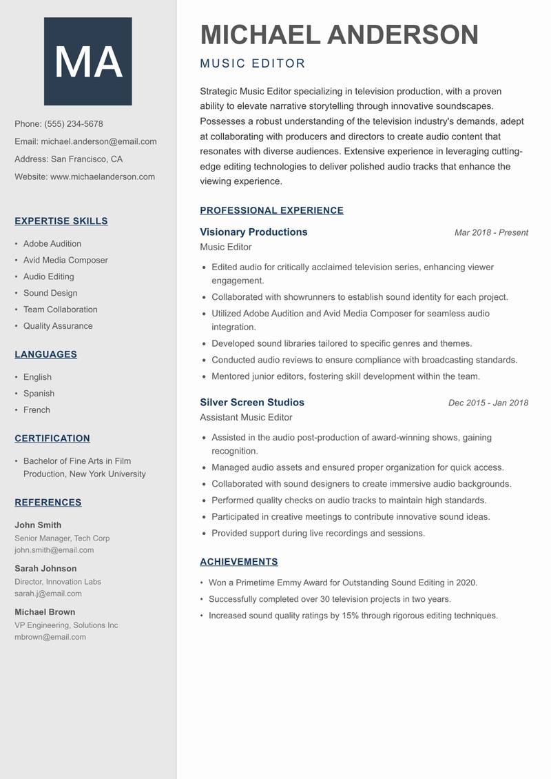 Music Editor resume sample — Music Editor focus