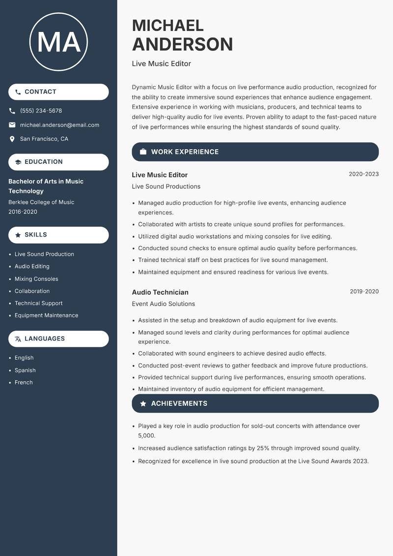 Music Editor resume sample — Live Music Editor focus