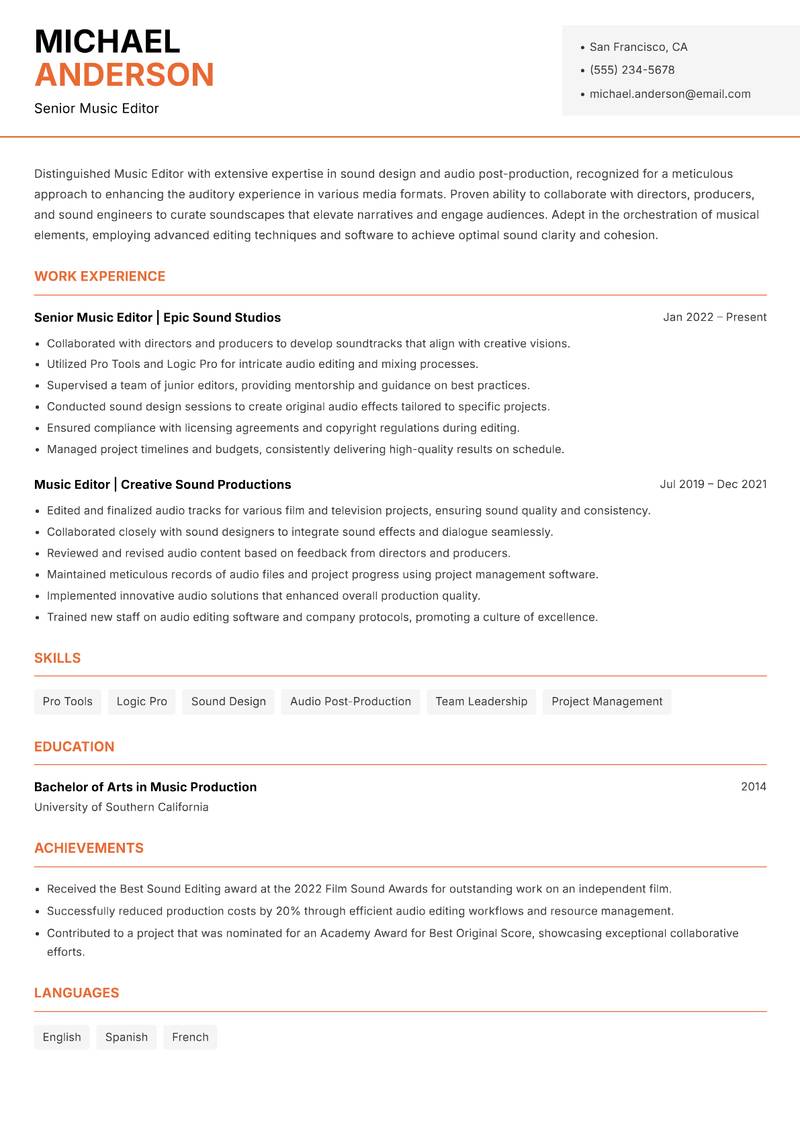 Music Editor resume sample — Senior Music Editor focus