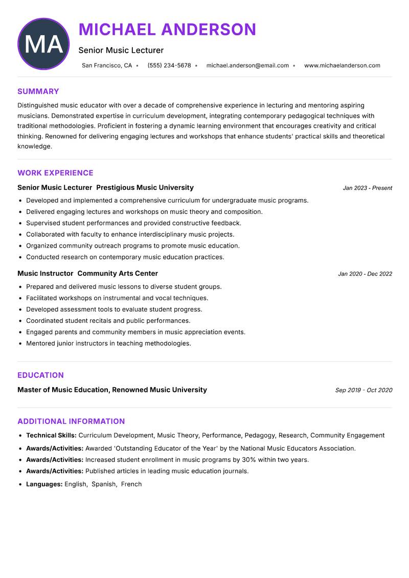 Music Lecturer resume example