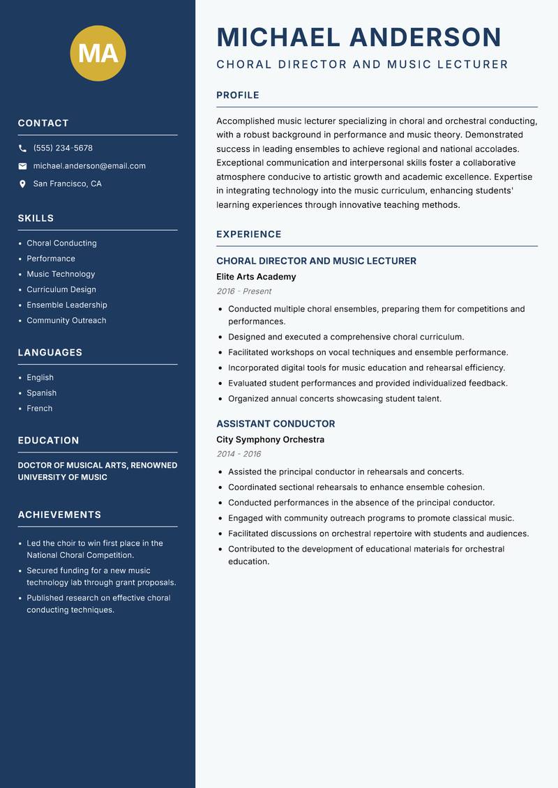 Music Lecturer resume sample — Choral Director and Music Lecturer focus