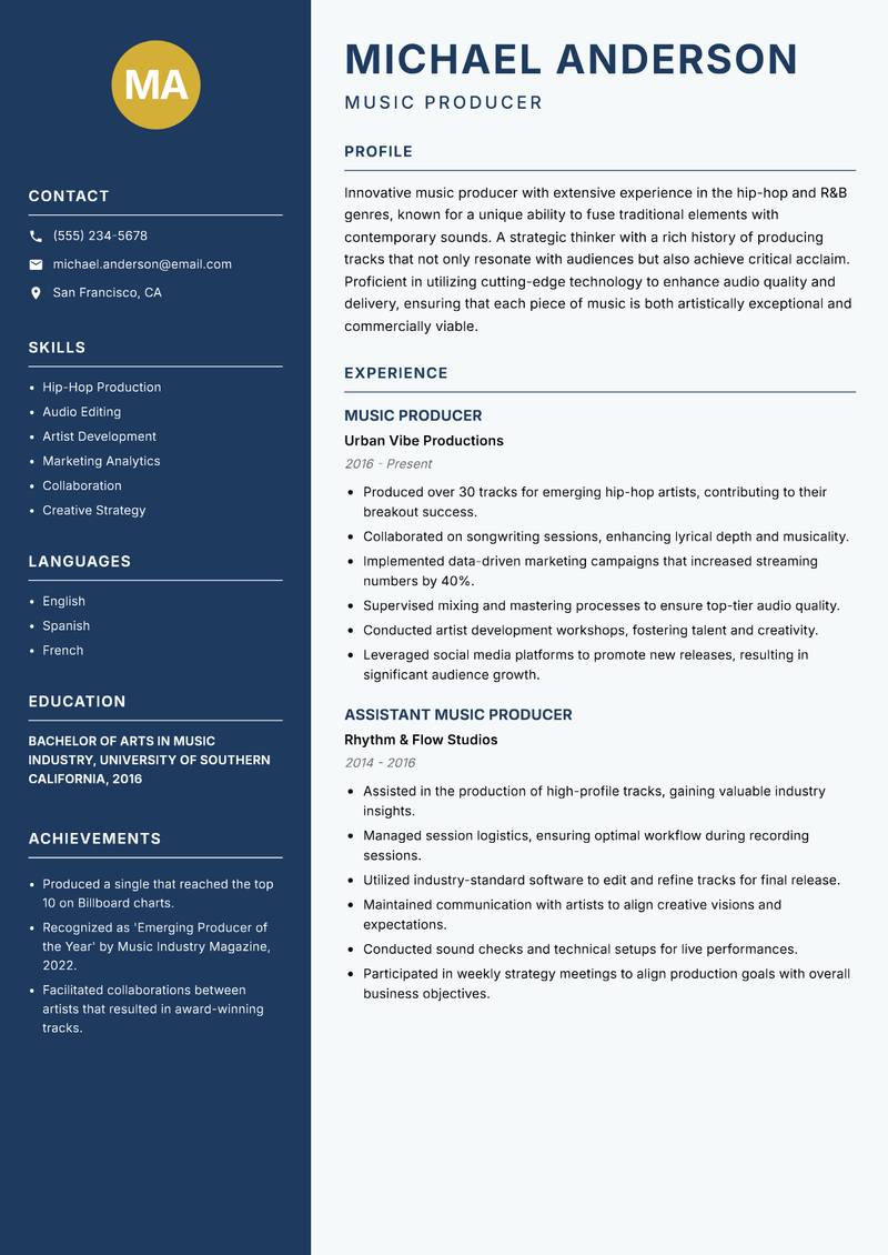 Music Producer resume sample — Music Producer focus