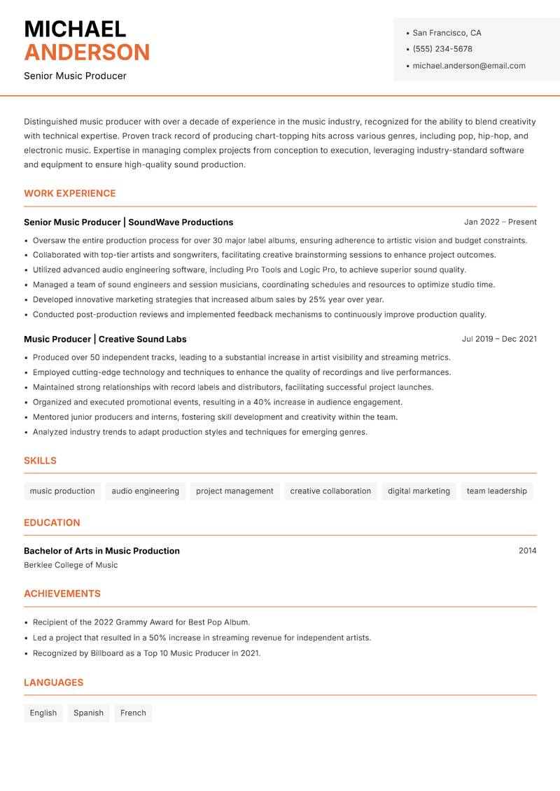 Music Producer resume sample — Senior Music Producer focus
