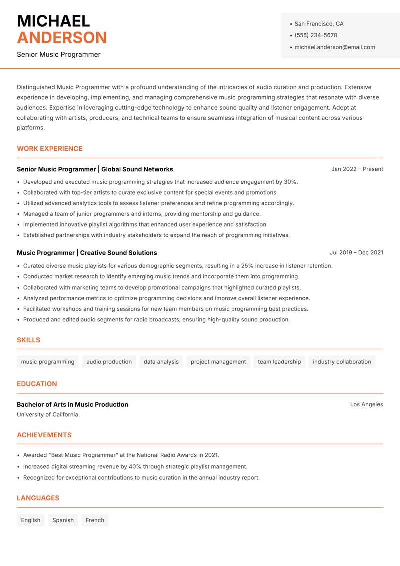 Music Programmer resume sample — Senior Music Programmer focus