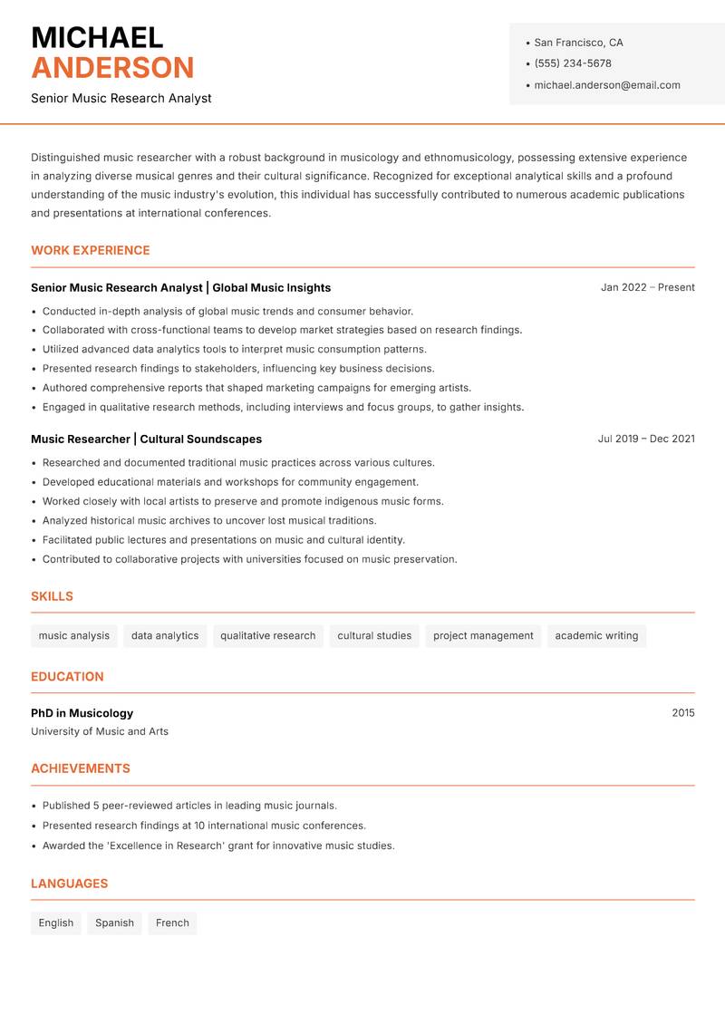 Music Researcher resume sample — Senior Music Research Analyst focus
