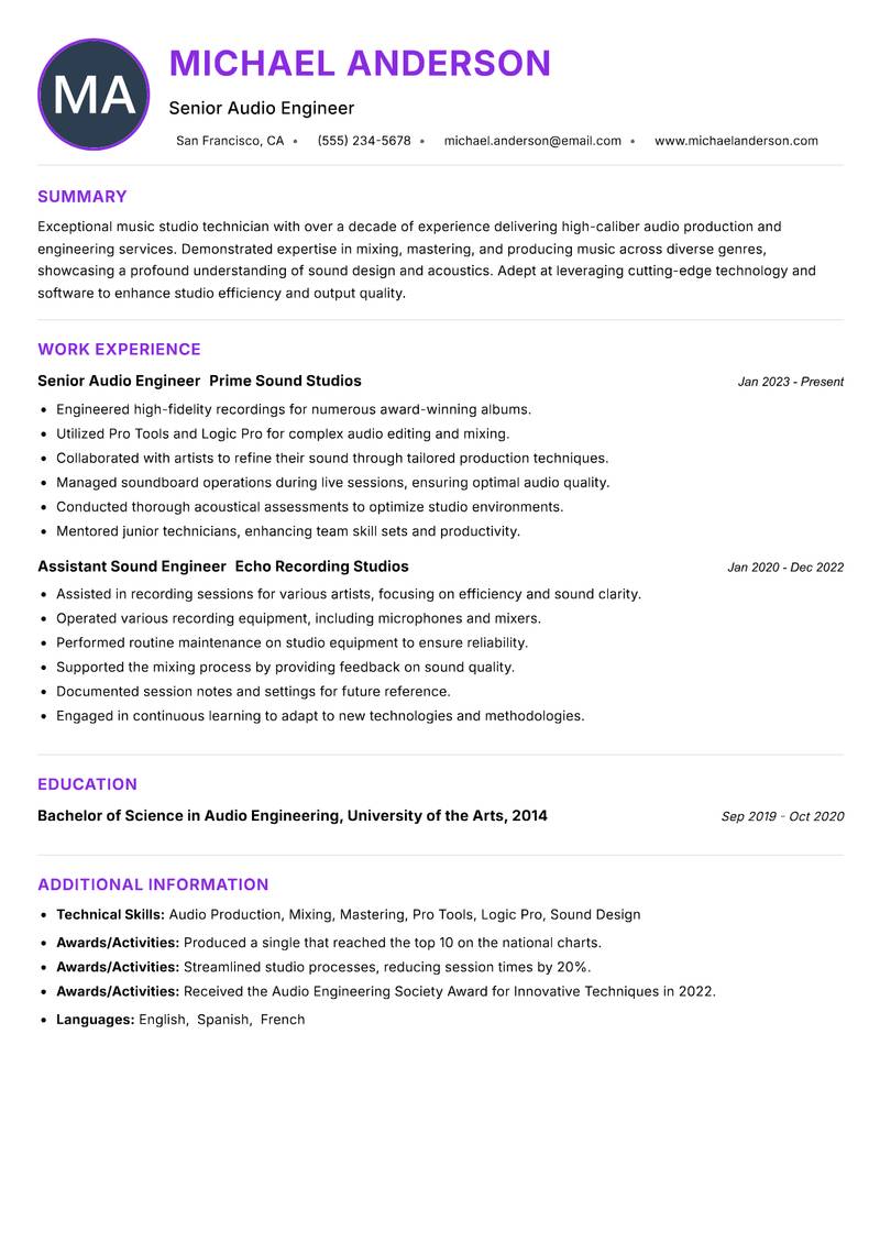 Music Studio Technician resume example