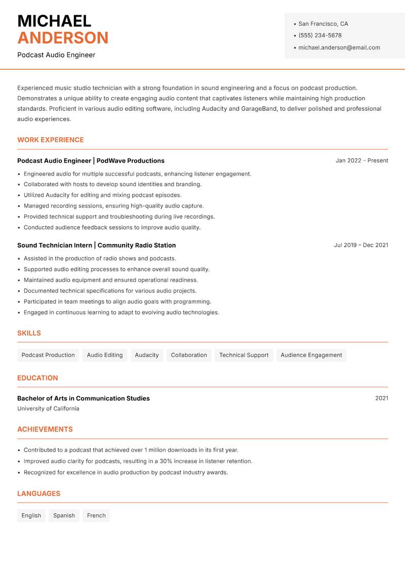 Music Studio Technician resume sample — Podcast Audio Engineer focus