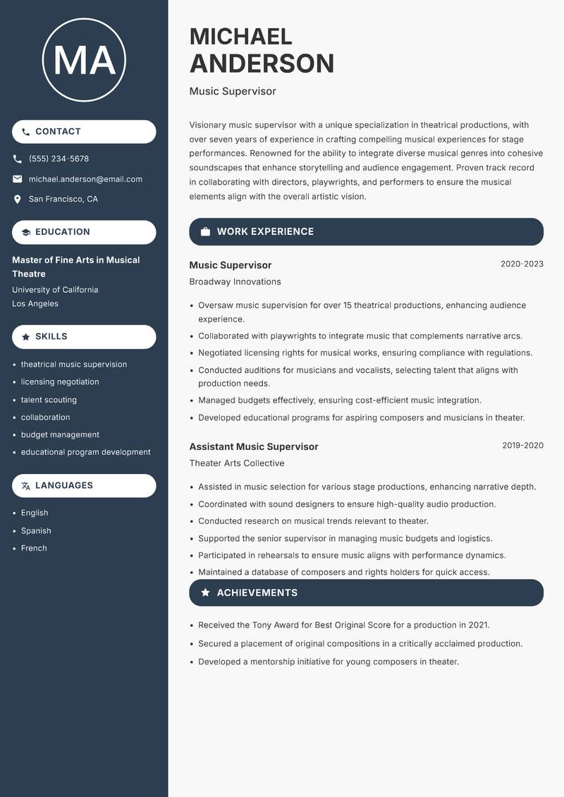 Music Supervisor resume sample — Music Supervisor focus