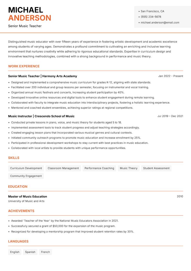 Music Teacher resume sample — Senior Music Teacher focus