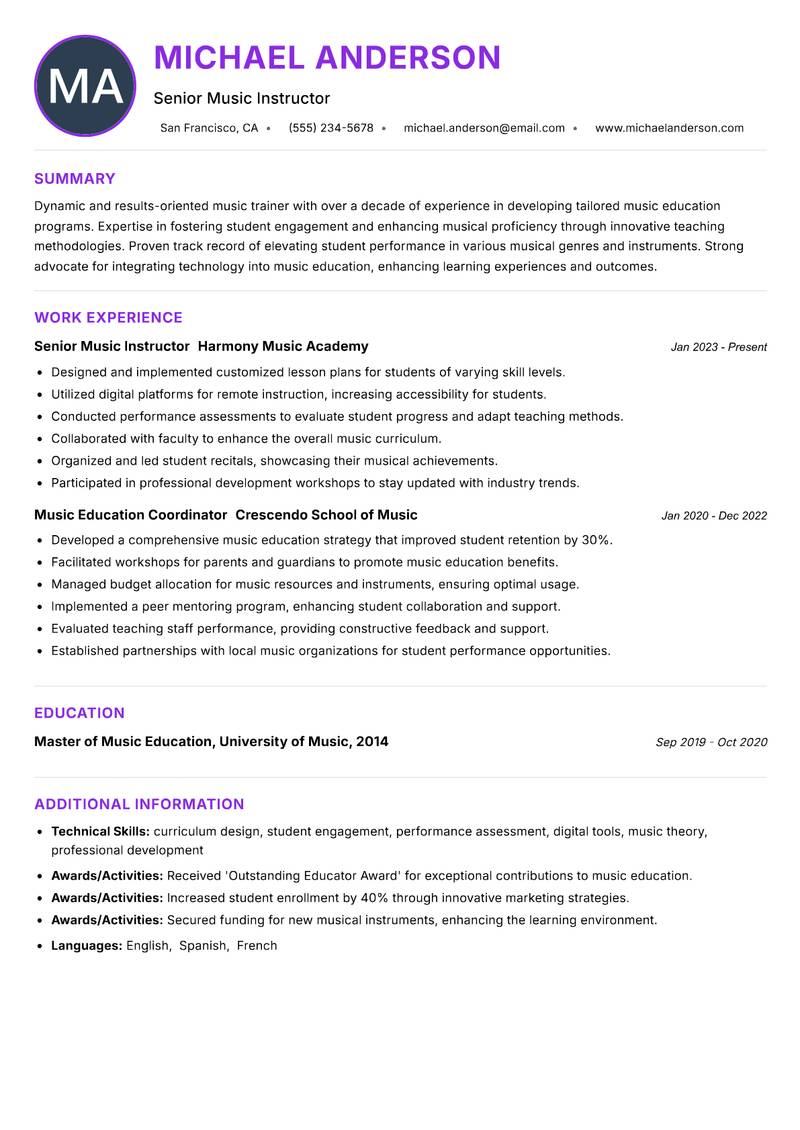 Music Trainer resume example