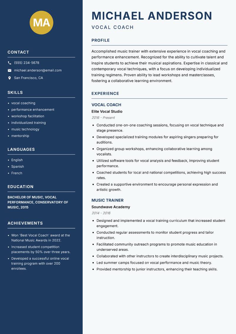 Music Trainer resume sample — Vocal Coach focus