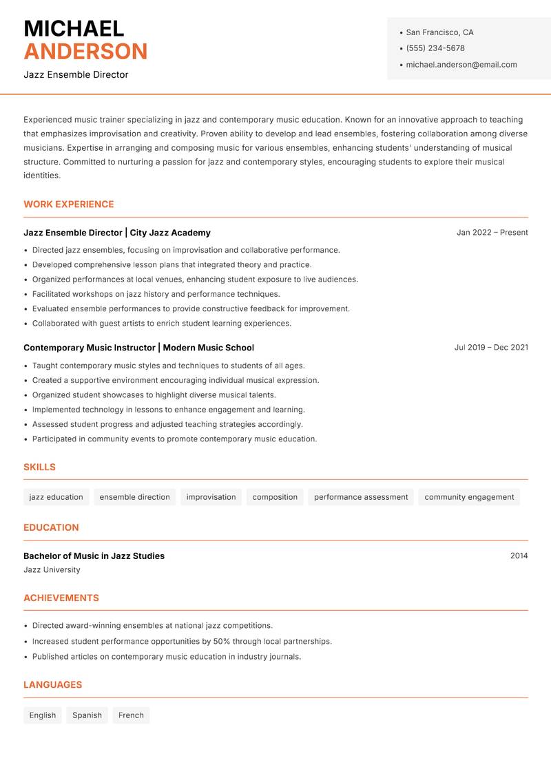 Music Trainer resume sample — Jazz Ensemble Director focus