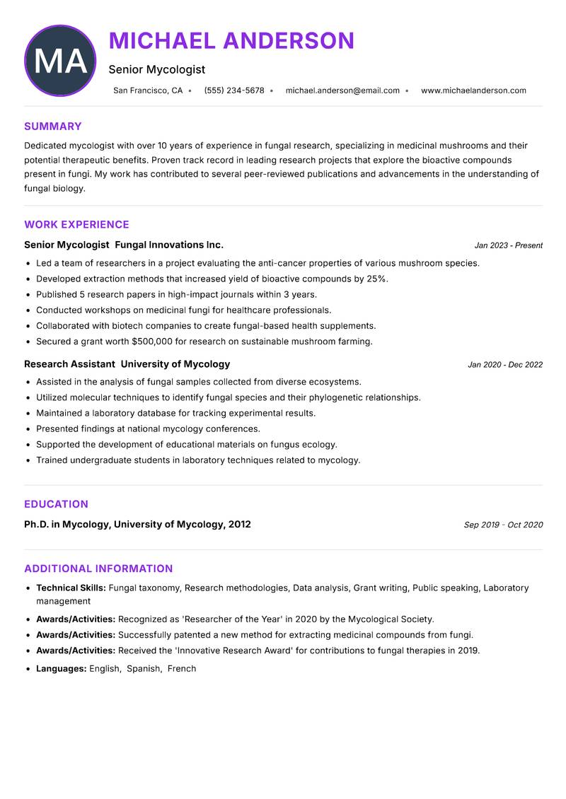 Mycologist resume example