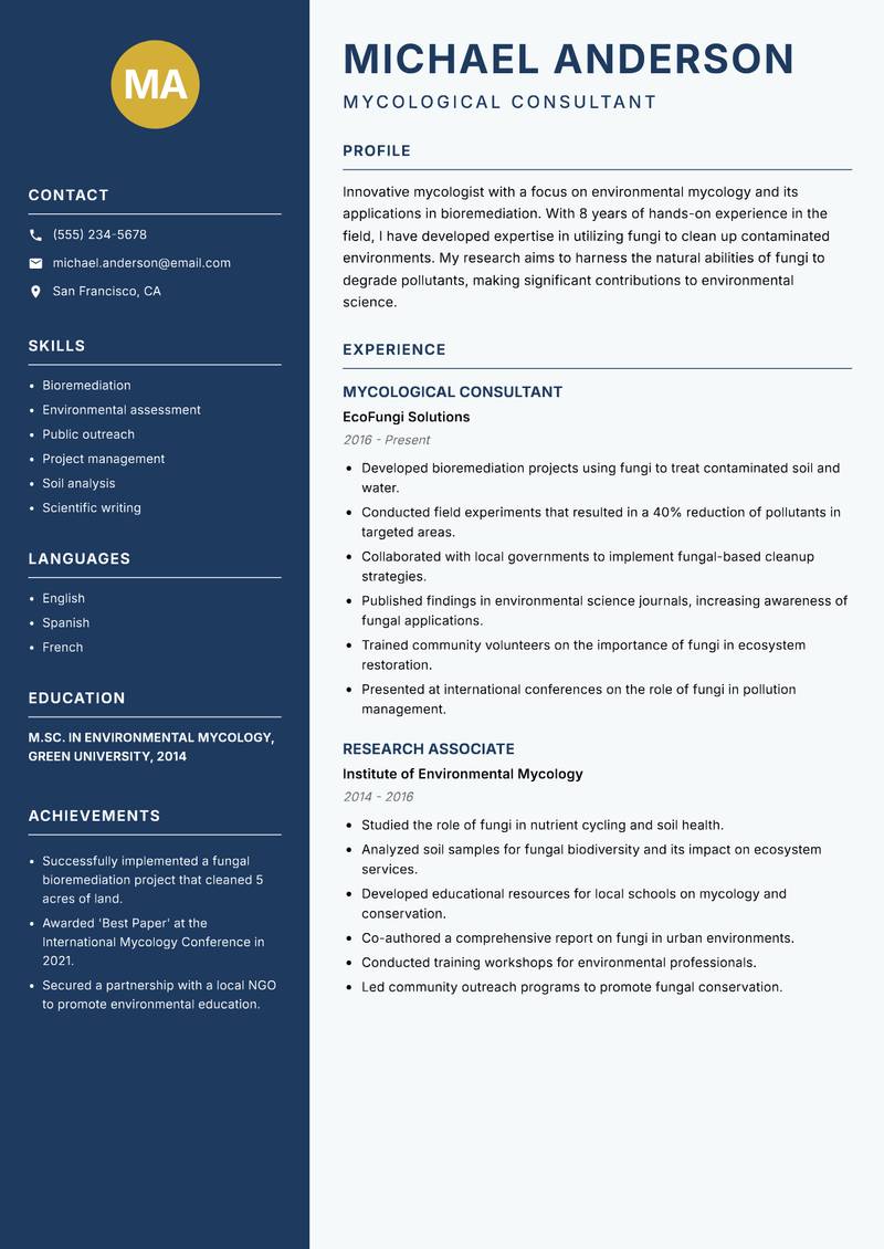 Mycologist resume sample — Mycological Consultant focus