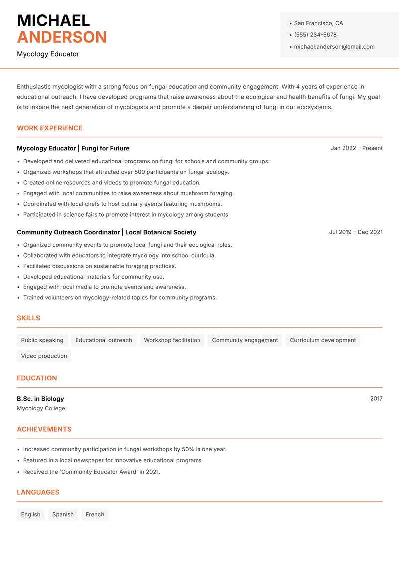 Mycologist resume sample — Mycology Educator focus
