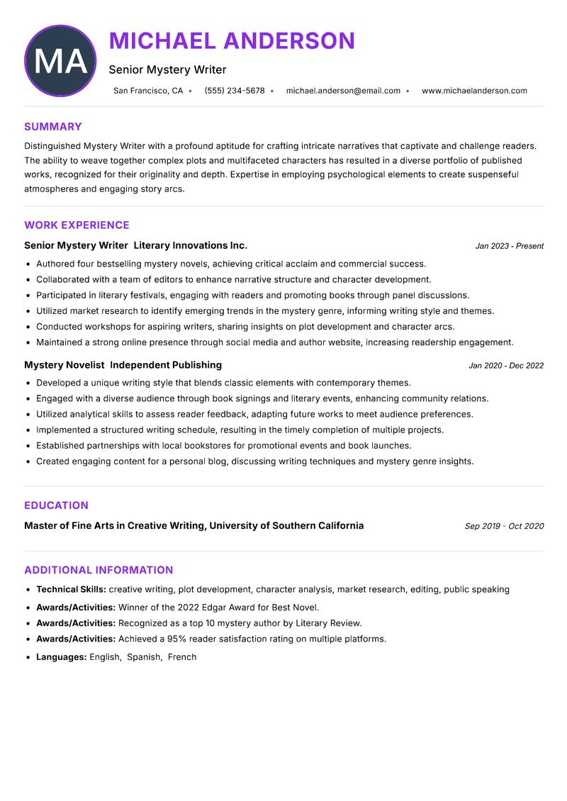 Mystery Writer resume example