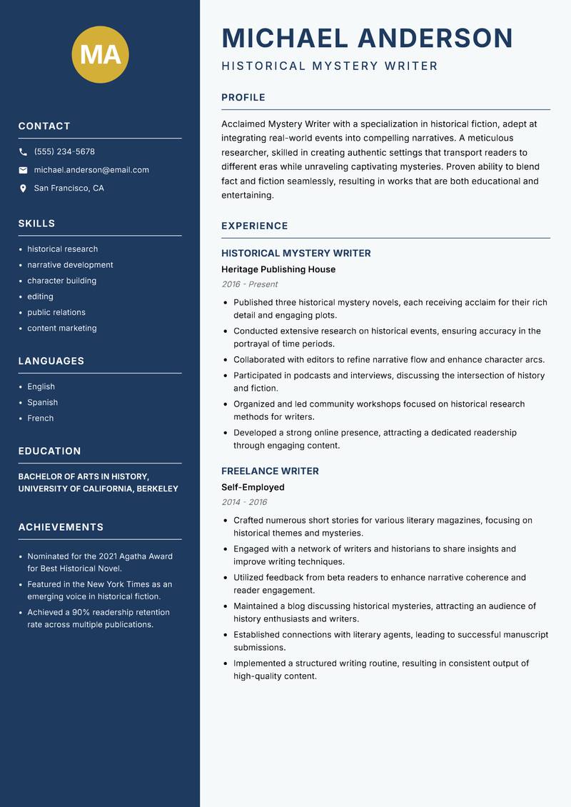 Mystery Writer resume sample — Historical Mystery Writer focus