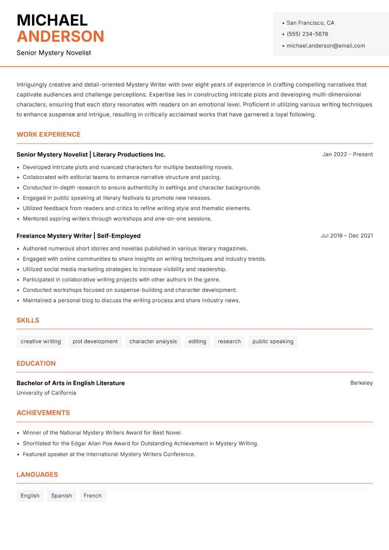 Mystery Writer resume sample — Senior Mystery Novelist focus