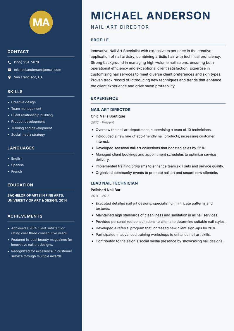Nail Art Specialist resume sample — Nail Art Director focus
