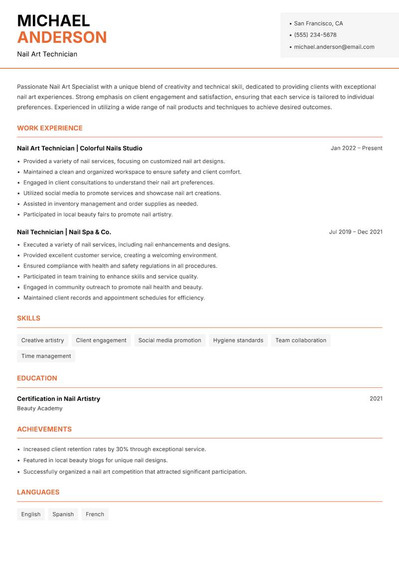 Nail Art Specialist resume sample — Nail Art Technician focus