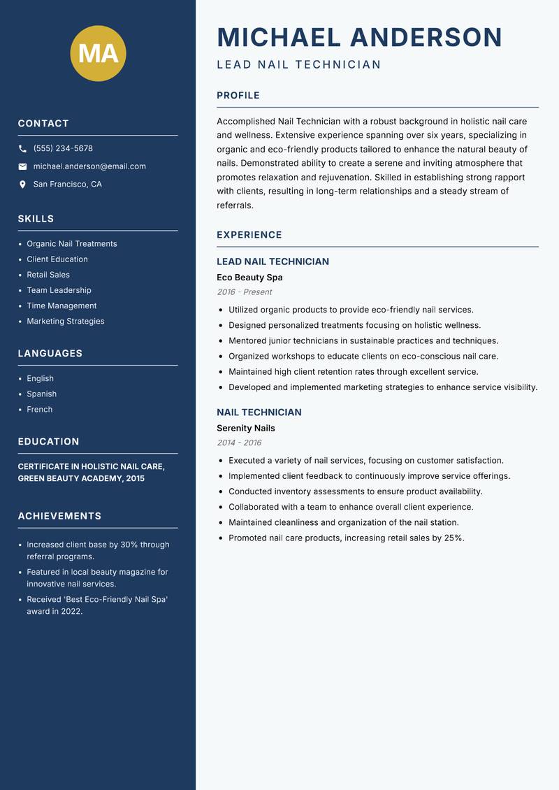 Nail Technician resume sample — Lead Nail Technician focus