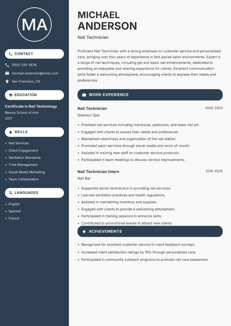 Nail Technician resume sample — Nail Technician focus
