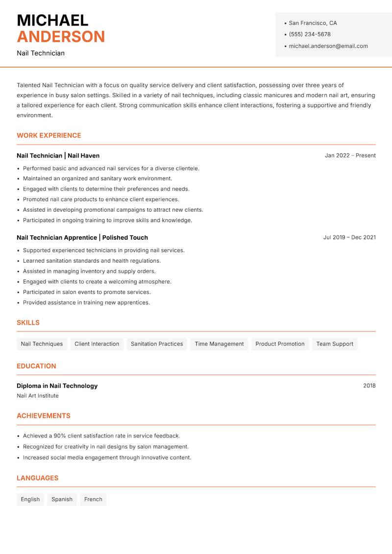 Nail Technician resume sample — Nail Technician focus
