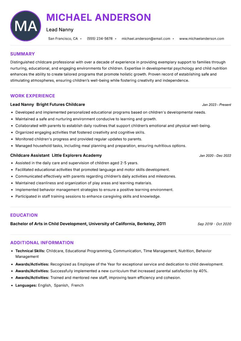 Nanny resume example